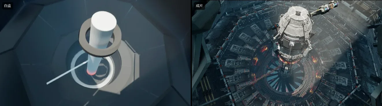AI + UE5 MCP 管线同机位对比:白盒(blockout)与最终成片